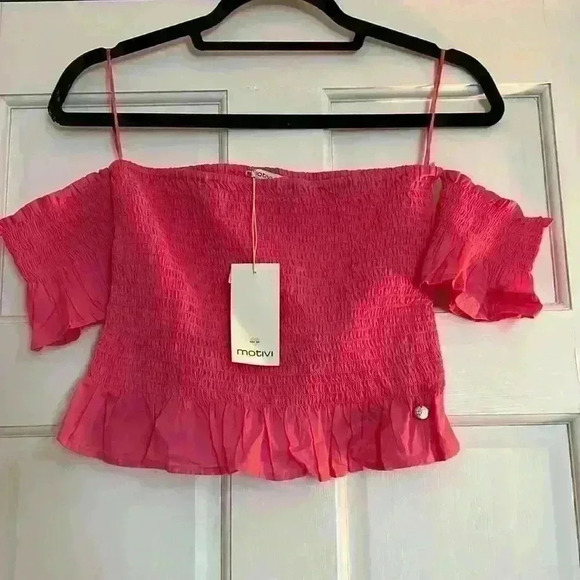 NWT italy MOTIVI PINK! 100% cotton cropped smocked top w/open shoulder - Picture 1 of 9